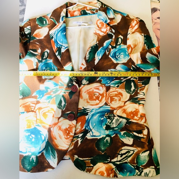 Zara Floral Short Blazer bright Orange & Blue Roses Pattern double collar US 10 - Picture 10 of 10